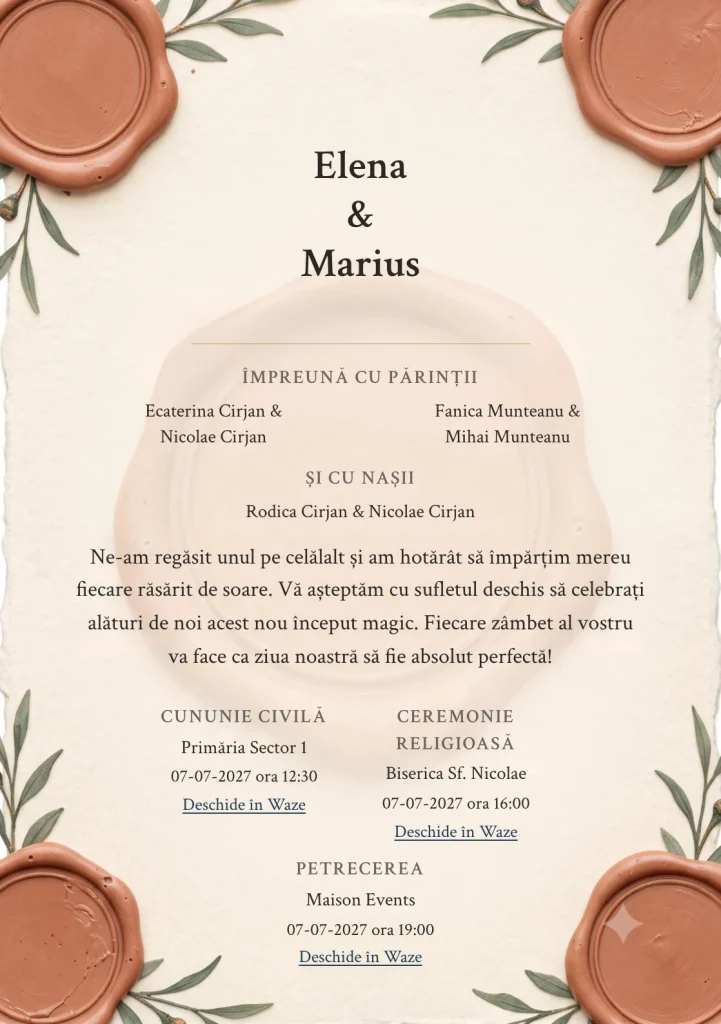 Pecetea Grădinii, în colecția de invitații nuntă, are ca reper vizual medalion de ceară teracotă fără monogramă, în nuanțe de ceară teracotă pal și hârtie vanilie.