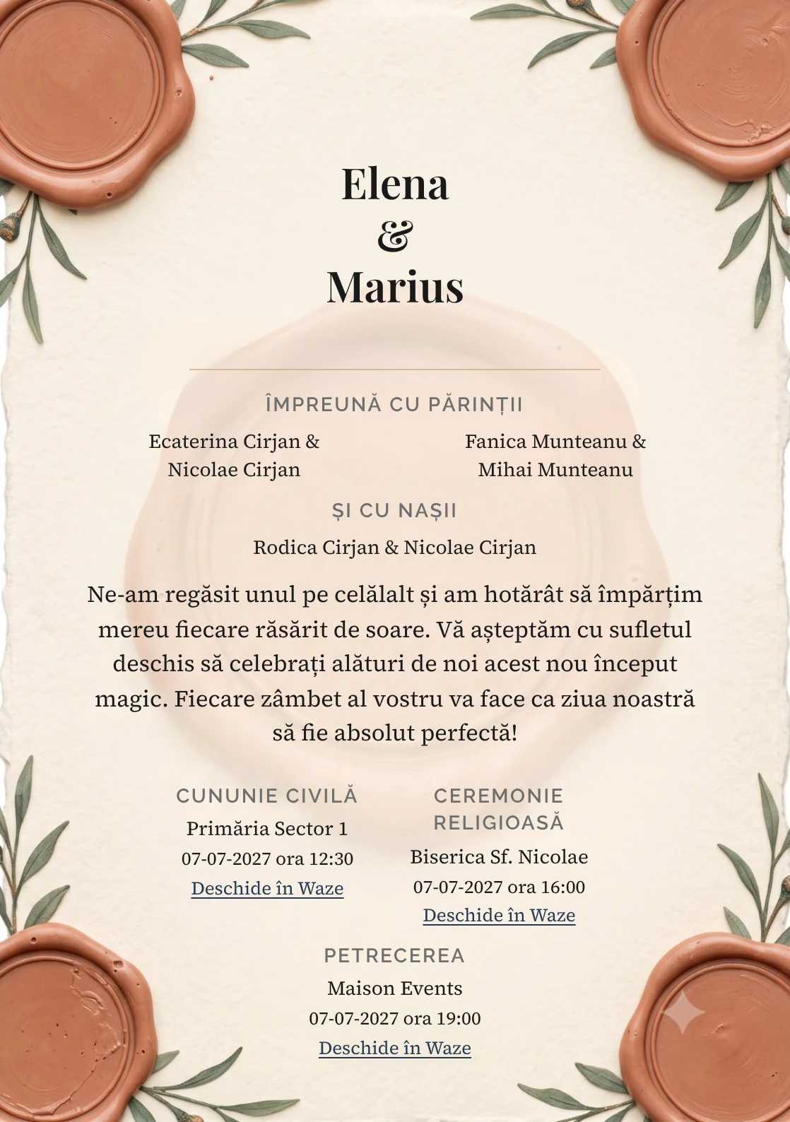 Pecetea Grădinii, în colecția de invitații nuntă, are ca reper vizual medalion de ceară teracotă fără monogramă, în nuanțe de ceară teracotă pal și hârtie vanilie.