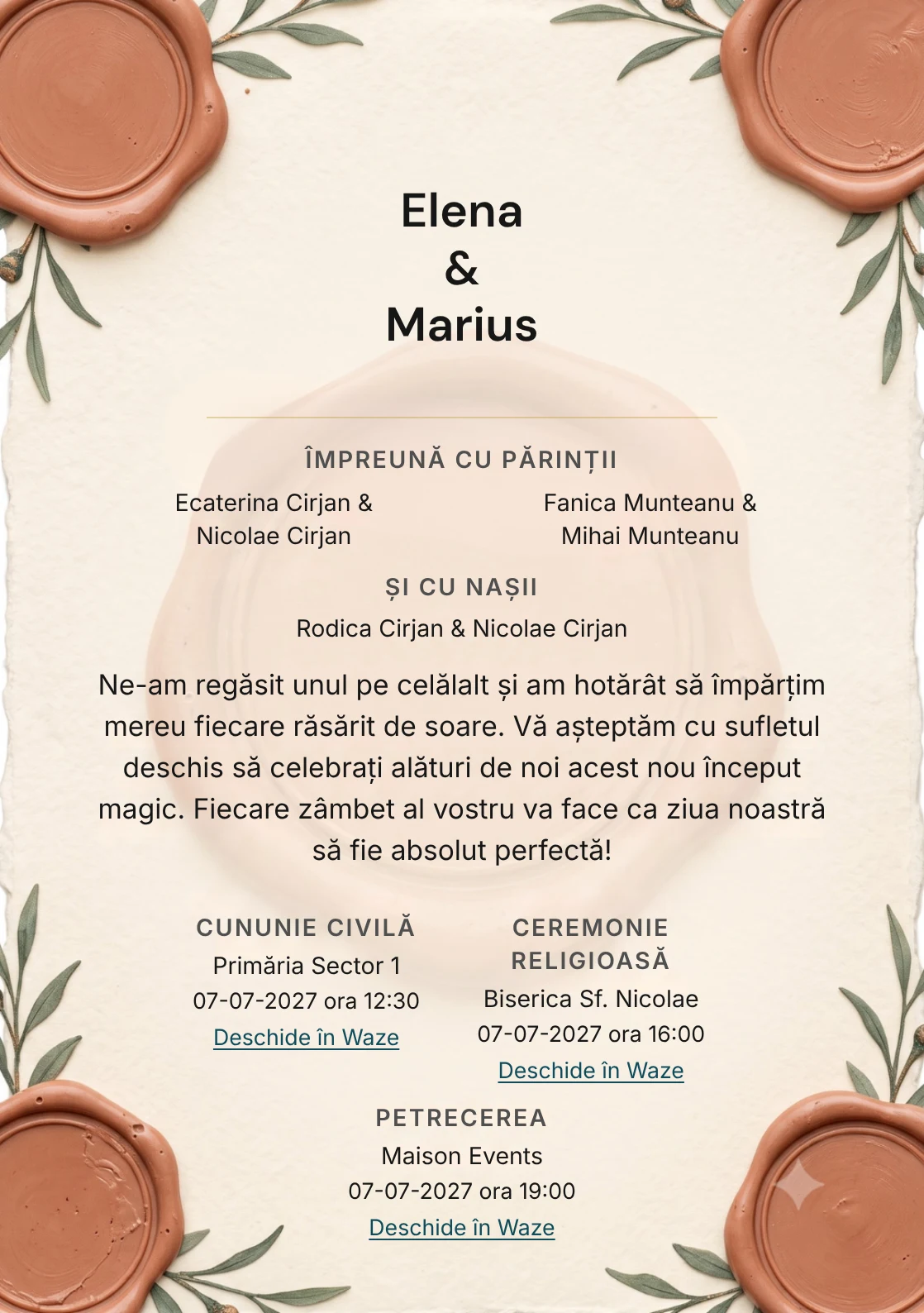 Pecetea Grădinii, în colecția de invitații nuntă, are ca reper vizual medalion de ceară teracotă fără monogramă, în nuanțe de ceară teracotă pal și hârtie vanilie.