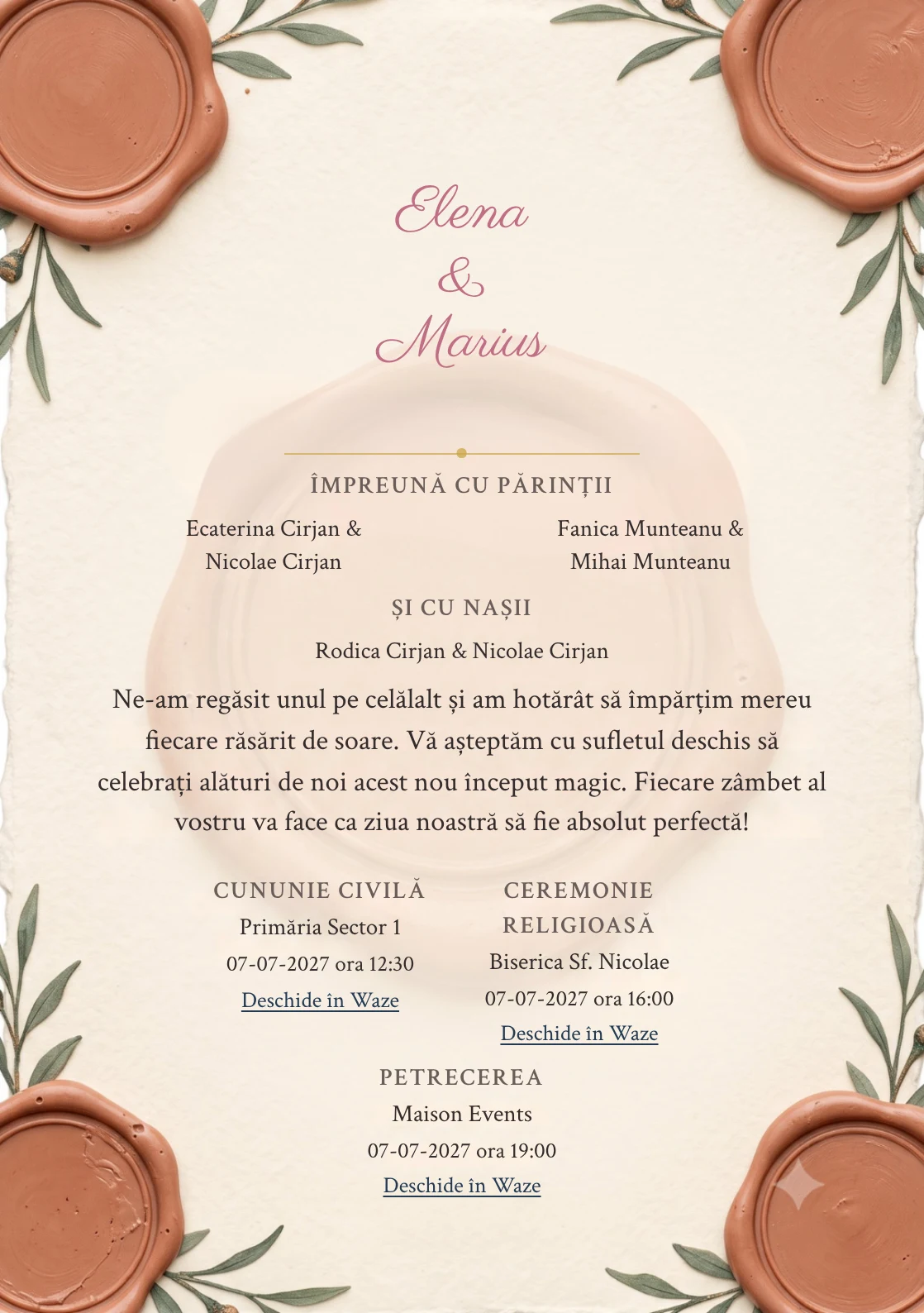 Pecetea Grădinii, în colecția de invitații nuntă, are ca reper vizual medalion de ceară teracotă fără monogramă, în nuanțe de ceară teracotă pal și hârtie vanilie.