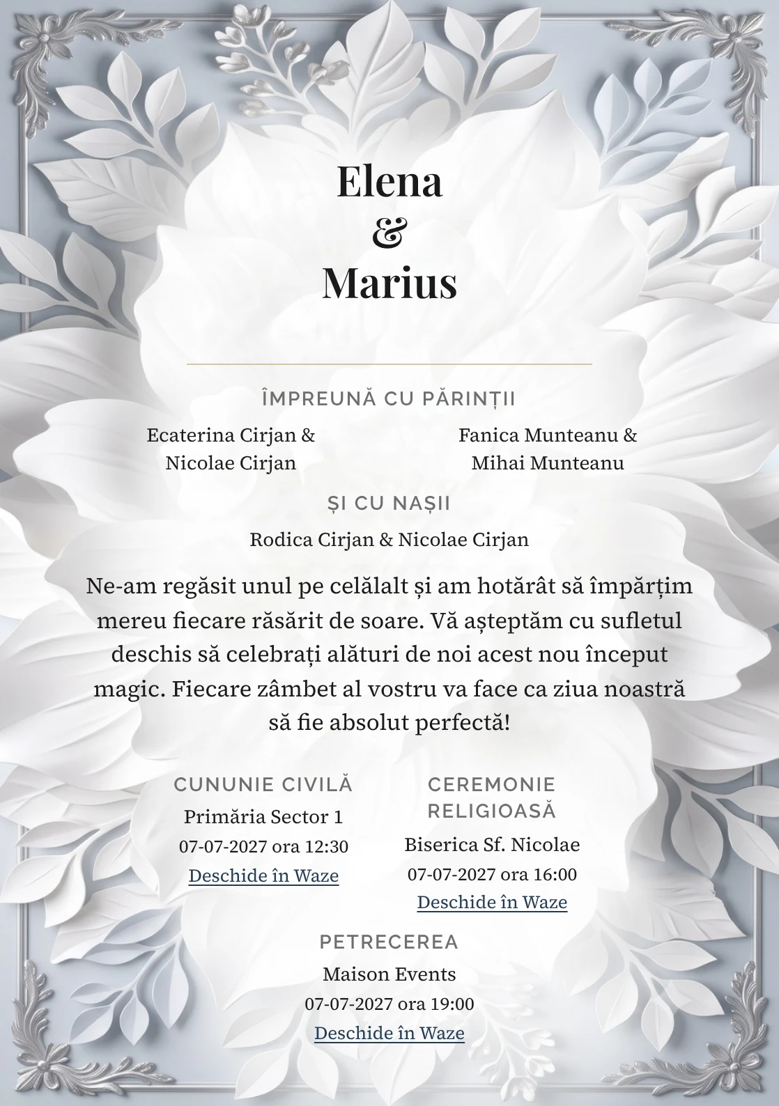 Petale în Relief, pentru o invitație de nuntă, pune accent pe basorelief floral alb supradimensionat, alături de tonuri de alb sculptural, gri umbră și bleu porțelan pal.