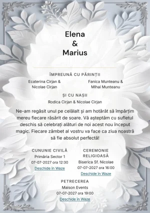 Petale în Relief, pentru o invitație de nuntă, pune accent pe basorelief floral alb supradimensionat, alături de tonuri de alb sculptural, gri umbră și bleu porțelan pal.