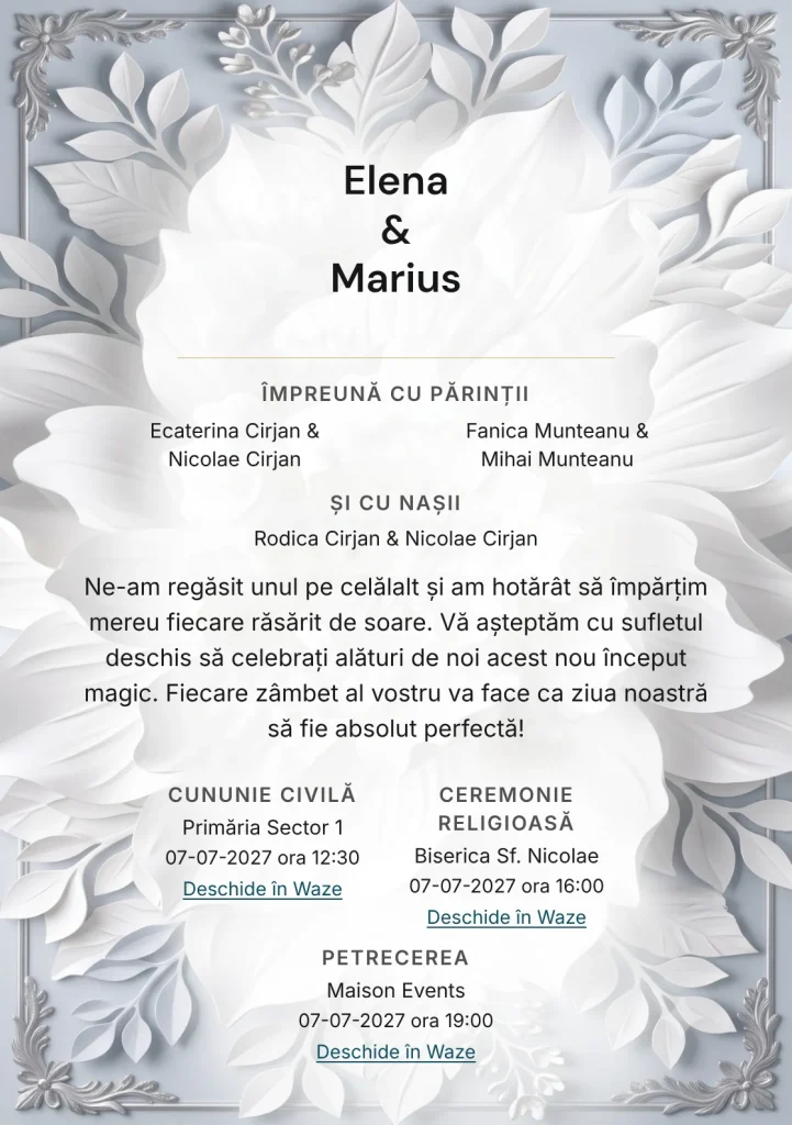 Petale în Relief, pentru o invitație de nuntă, pune accent pe basorelief floral alb supradimensionat, alături de tonuri de alb sculptural, gri umbră și bleu porțelan pal.