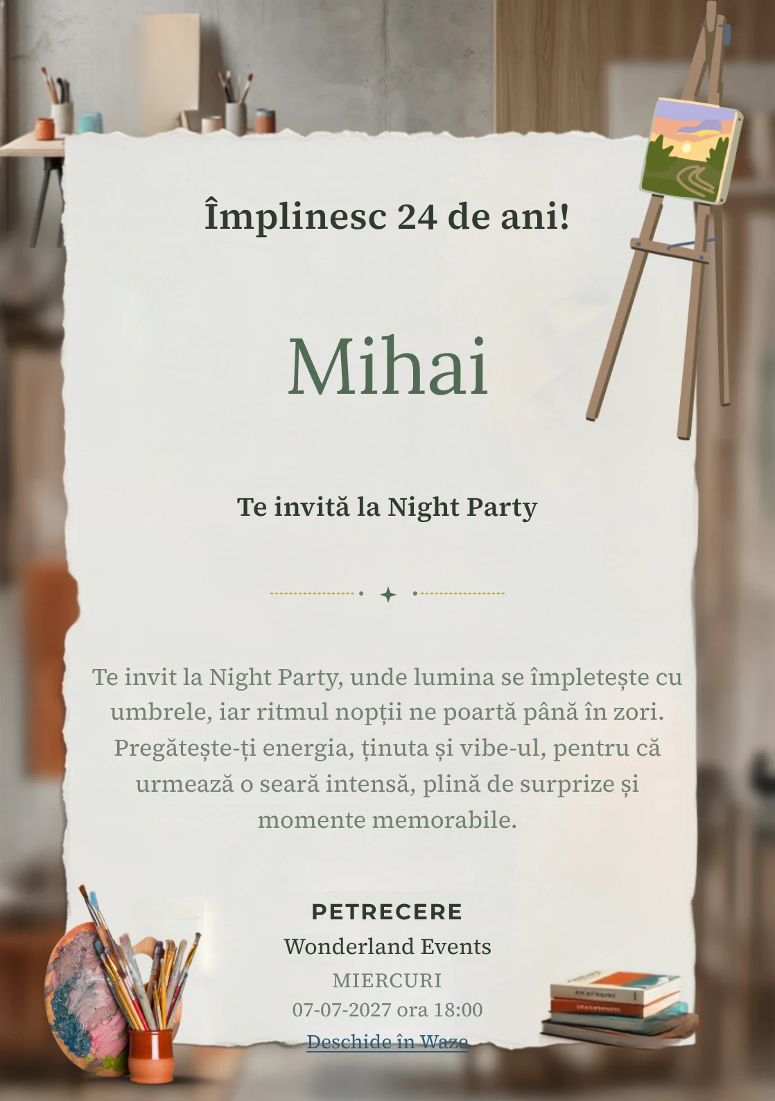 Modelul Petrecere în Atelier, invitație digitală pentru ziua de naștere a adulților, pune în valoare o instalație abstractă colorată.