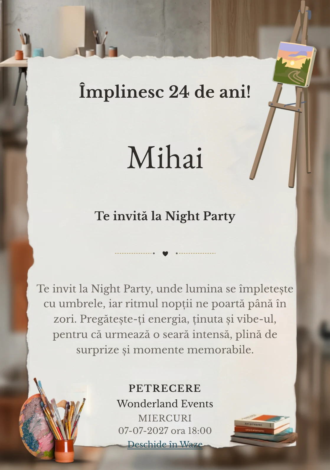 Modelul Petrecere în Atelier, invitație digitală pentru ziua de naștere a adulților, pune în valoare o instalație abstractă colorată.