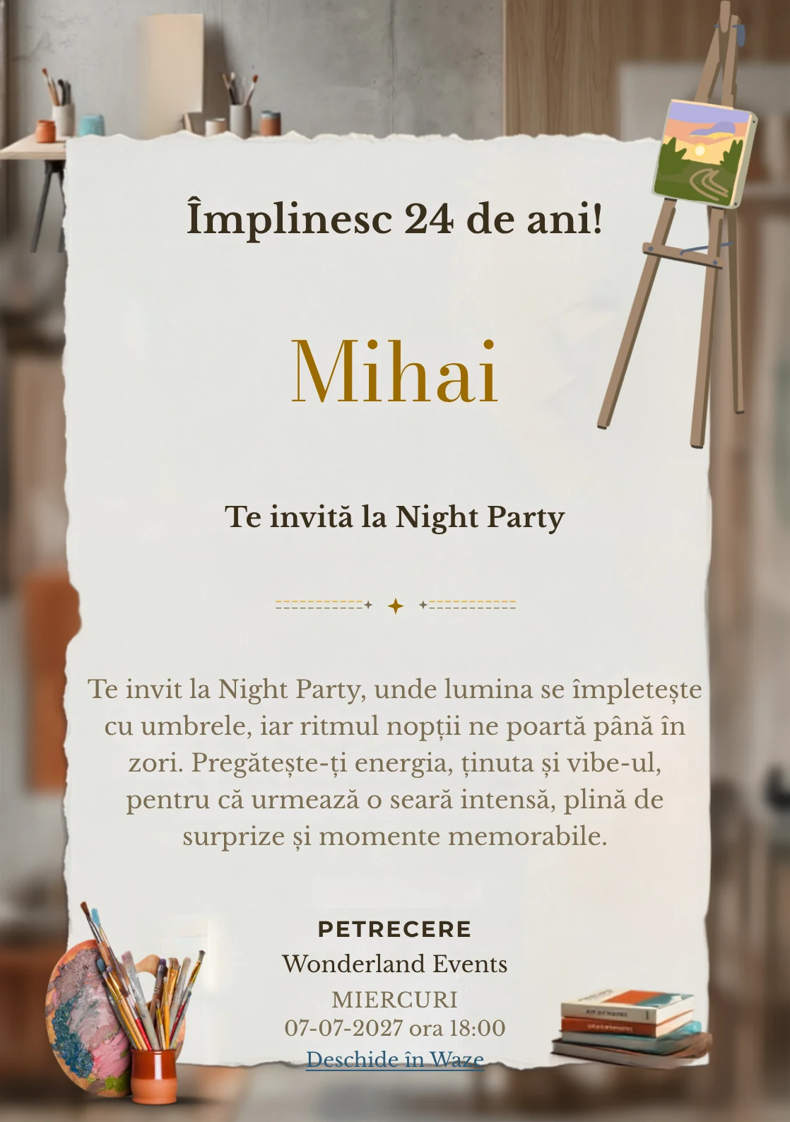 Modelul Petrecere în Atelier, invitație digitală pentru ziua de naștere a adulților, pune în valoare o instalație abstractă colorată.