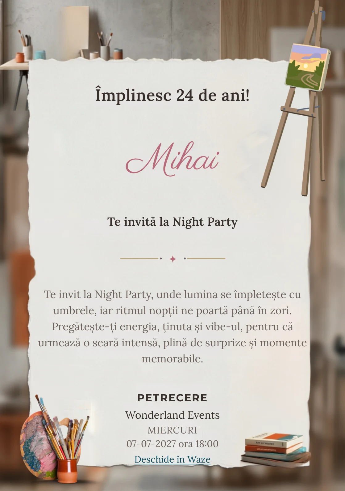 Modelul Petrecere în Atelier, invitație digitală pentru ziua de naștere a adulților, pune în valoare o instalație abstractă colorată.
