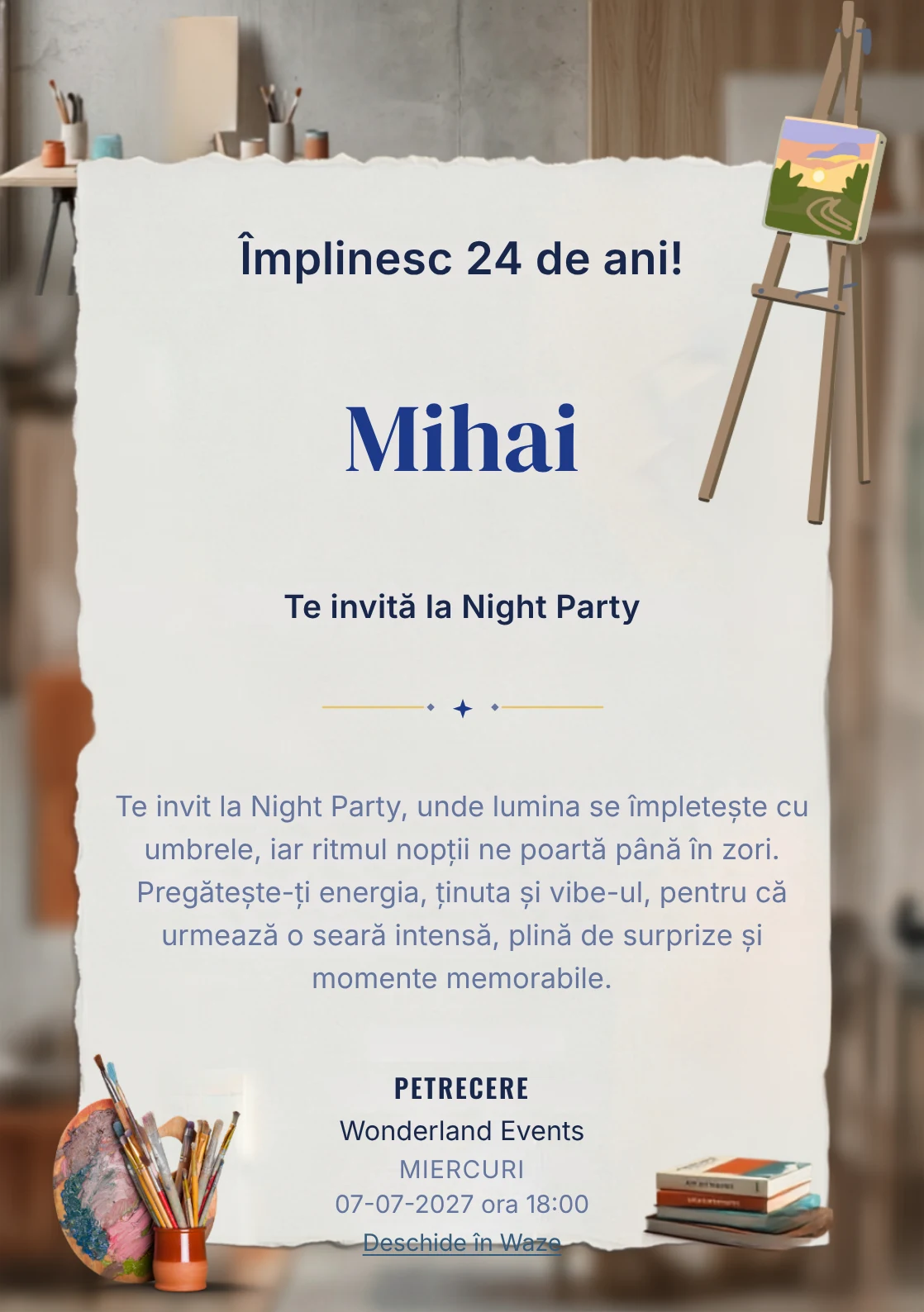 Modelul Petrecere în Atelier, invitație digitală pentru ziua de naștere a adulților, pune în valoare o instalație abstractă colorată.
