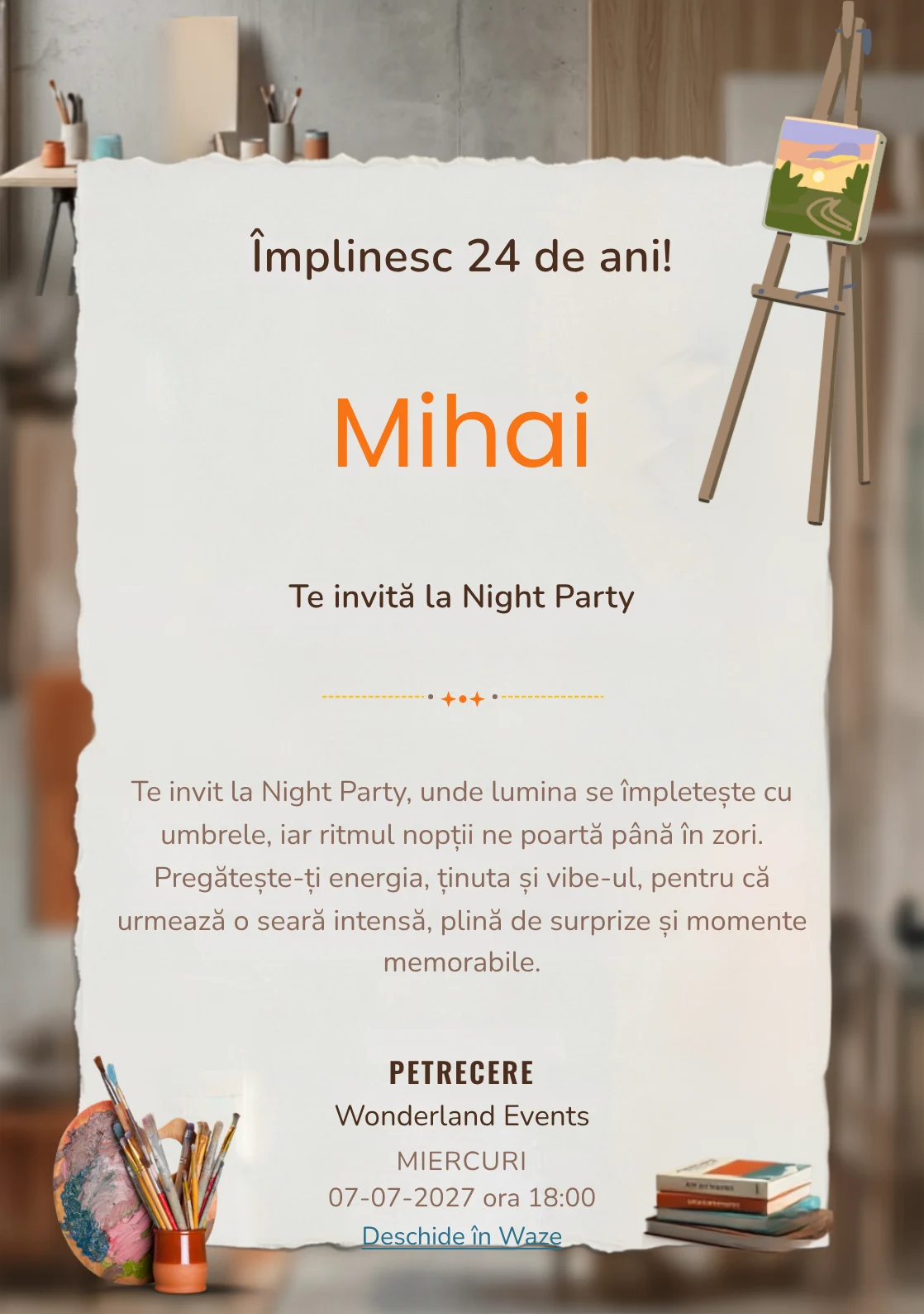 Modelul Petrecere în Atelier, invitație digitală pentru ziua de naștere a adulților, pune în valoare o instalație abstractă colorată.