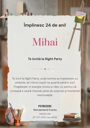 Modelul Petrecere în Atelier, invitație digitală pentru ziua de naștere a adulților, pune în valoare o instalație abstractă colorată.