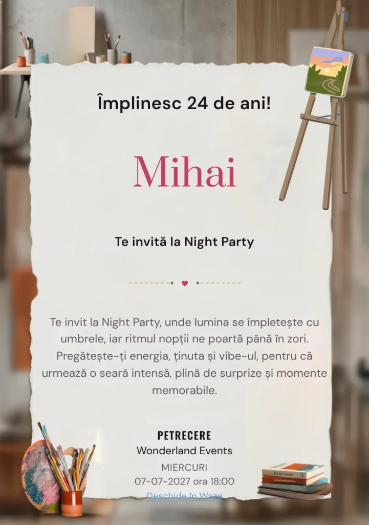 Modelul Petrecere în Atelier, invitație digitală pentru ziua de naștere a adulților, pune în valoare o instalație abstractă colorată.