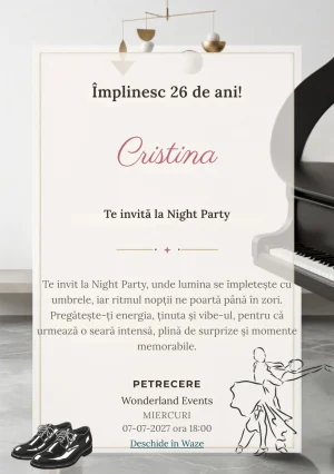 Modelul Piano Monochrome, invitație digitală pentru ziua de naștere a adulților, pune în valoare un pian văzut fragmentar.