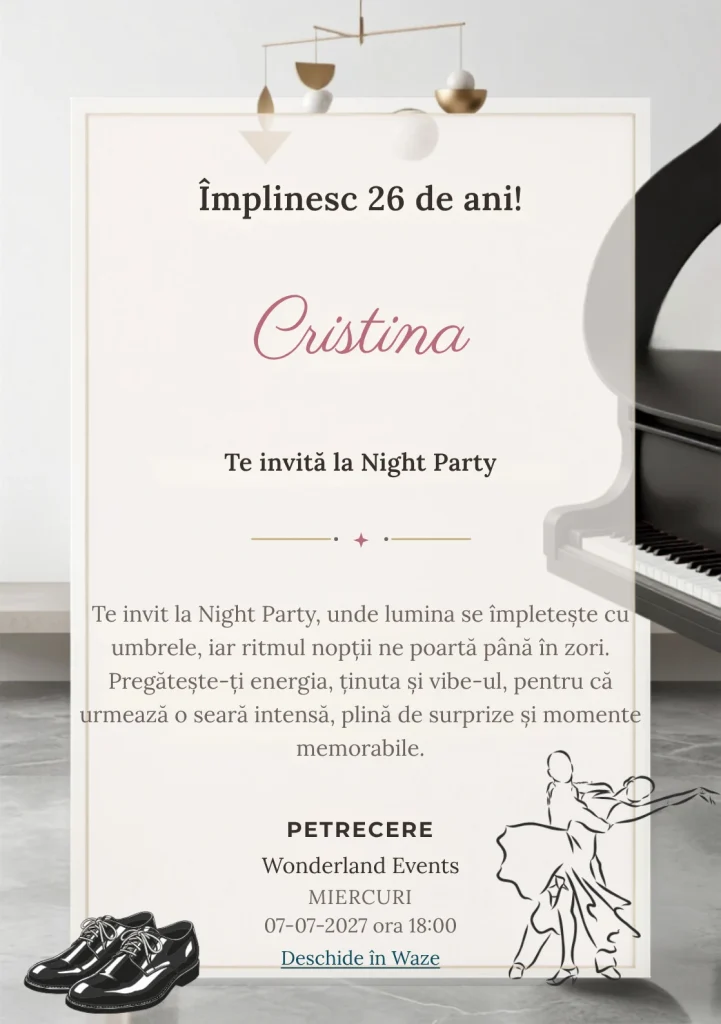 Modelul Piano Monochrome, invitație digitală pentru ziua de naștere a adulților, pune în valoare un pian văzut fragmentar.
