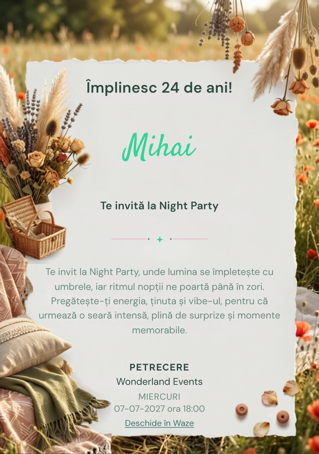 Picnic Boem este un model de invitații digitale pentru o aniversare adultă, definit vizual de textile boeme și flori uscate.