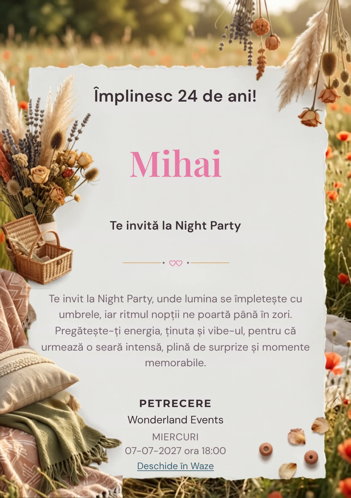 Picnic Boem este un model de invitații digitale pentru o aniversare adultă, definit vizual de textile boeme și flori uscate.