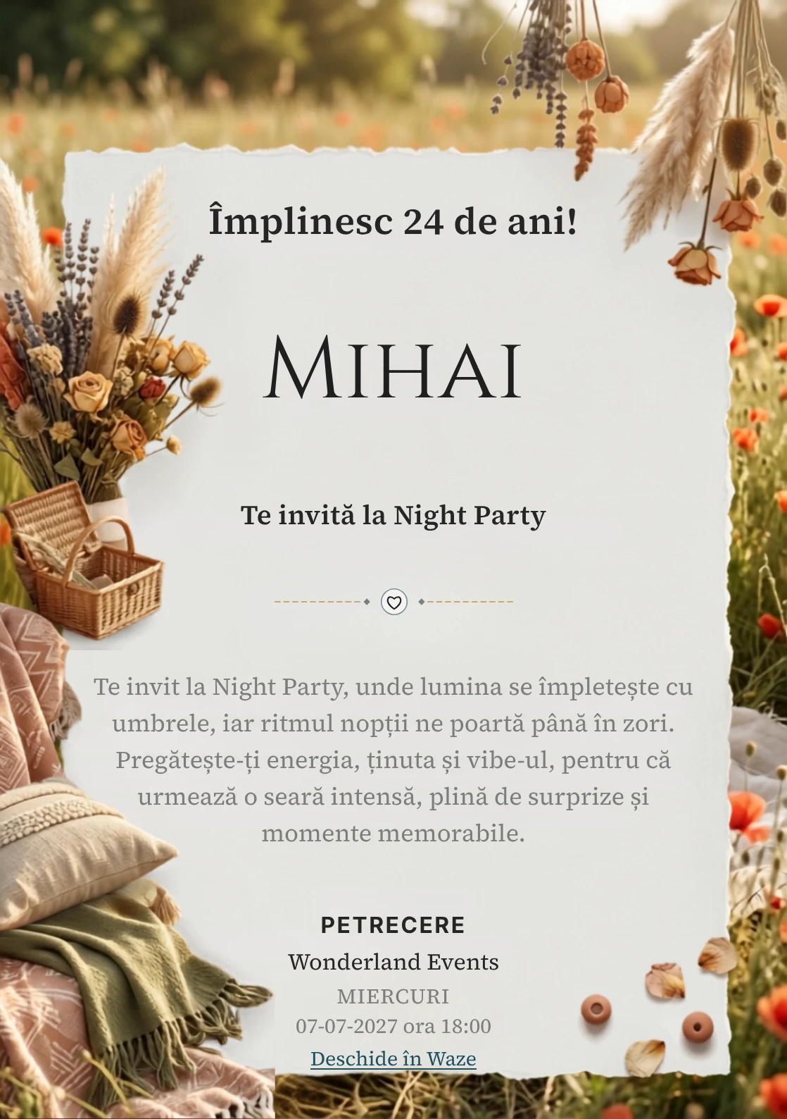 Picnic Boem este un model de invitații digitale pentru o aniversare adultă, definit vizual de textile boeme și flori uscate.