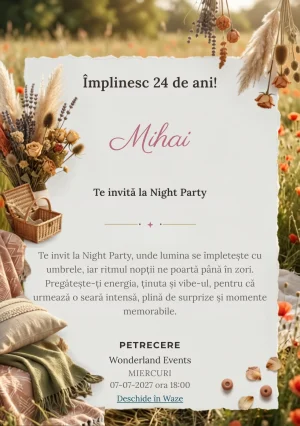 Picnic Boem este un model de invitații digitale pentru o aniversare adultă, definit vizual de textile boeme și flori uscate.