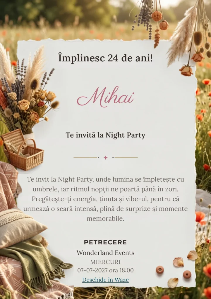 Picnic Boem este un model de invitații digitale pentru o aniversare adultă, definit vizual de textile boeme și flori uscate.