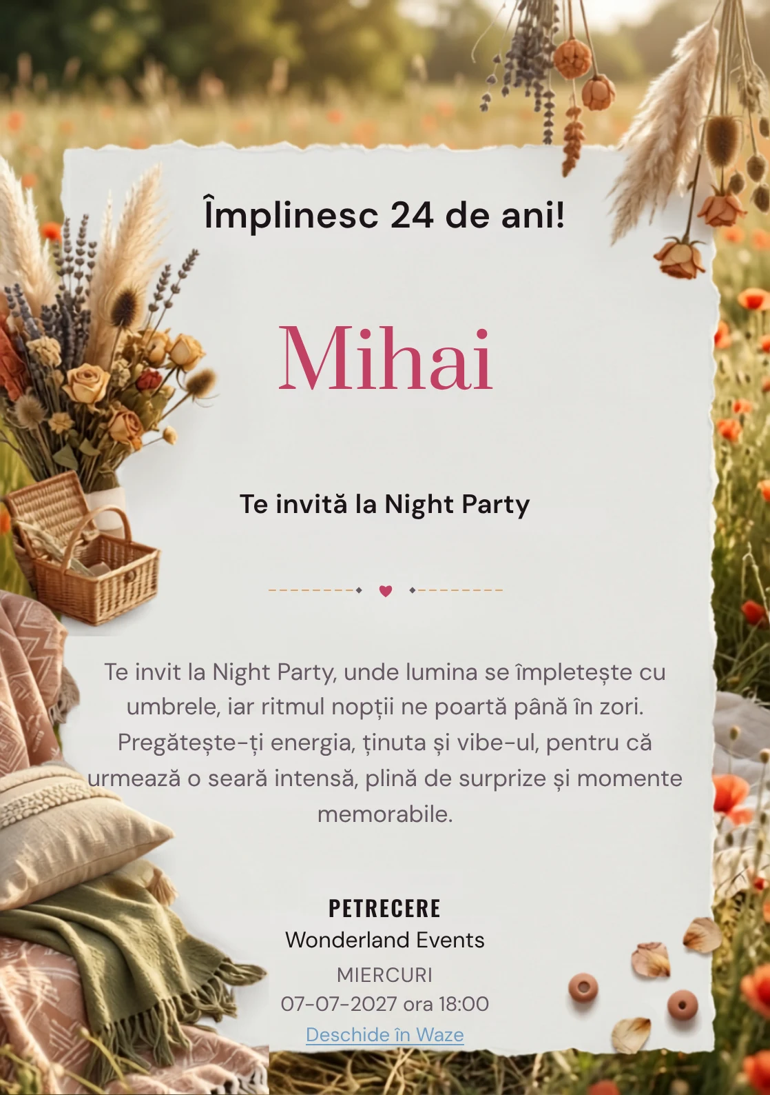 Picnic Boem este un model de invitații digitale pentru o aniversare adultă, definit vizual de textile boeme și flori uscate.