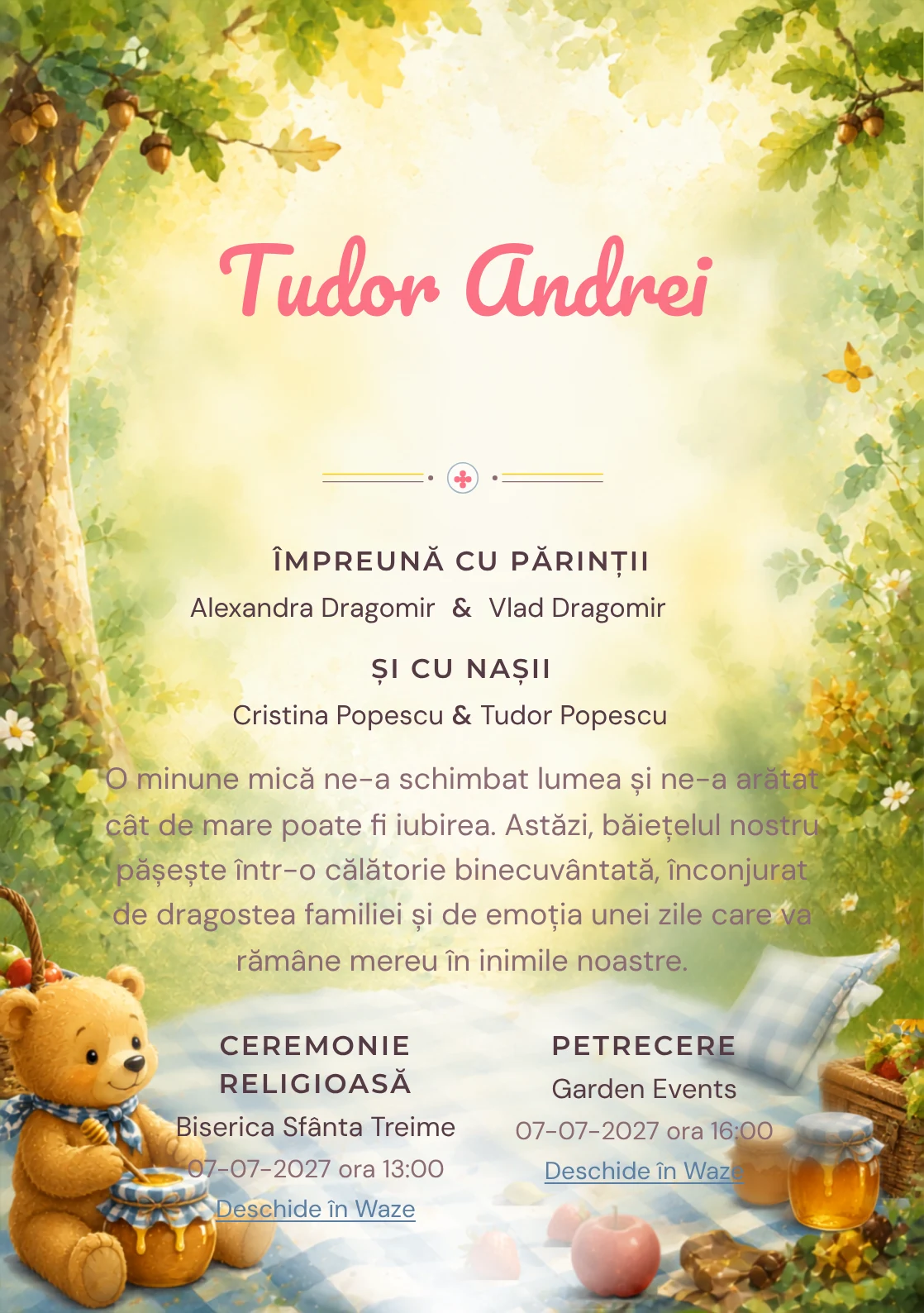 Picnic cu Winnie, din gama de invitații botez băiat, evidențiază Winnie the Pooh într-un picnic cu pătură, alături de fructe și frunze.