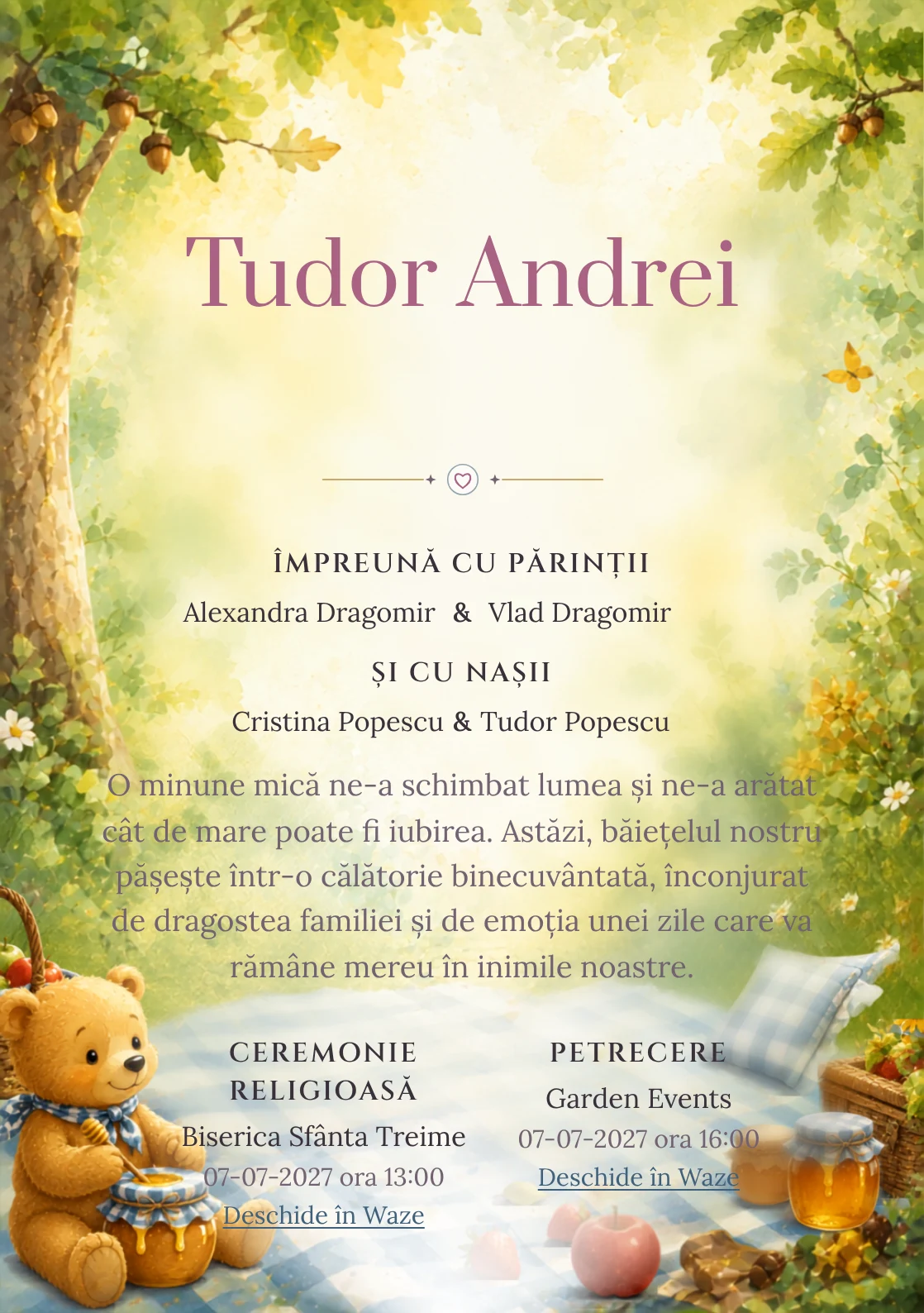 Picnic cu Winnie, din gama de invitații botez băiat, evidențiază Winnie the Pooh într-un picnic cu pătură, alături de fructe și frunze.