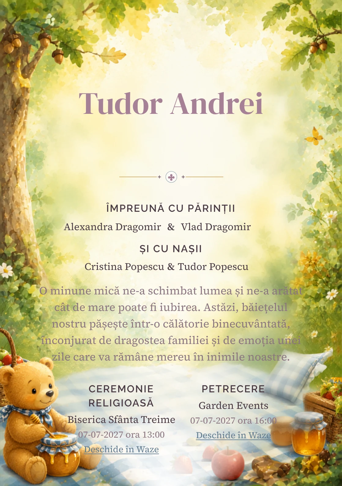 Picnic cu Winnie, din gama de invitații botez băiat, evidențiază Winnie the Pooh într-un picnic cu pătură, alături de fructe și frunze.