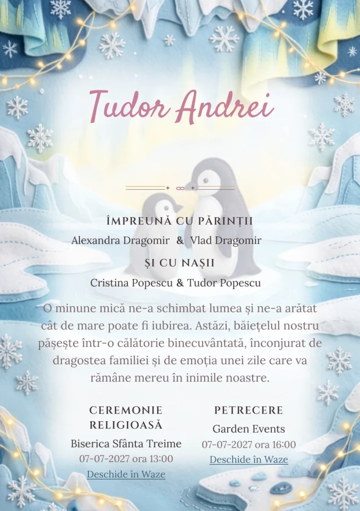 Designul Pinguinii Polari, din gama de invitații botez, reunește doi pinguini într-un peisaj polar din textile cu ghețari moi, fire de lumină și fulgi.