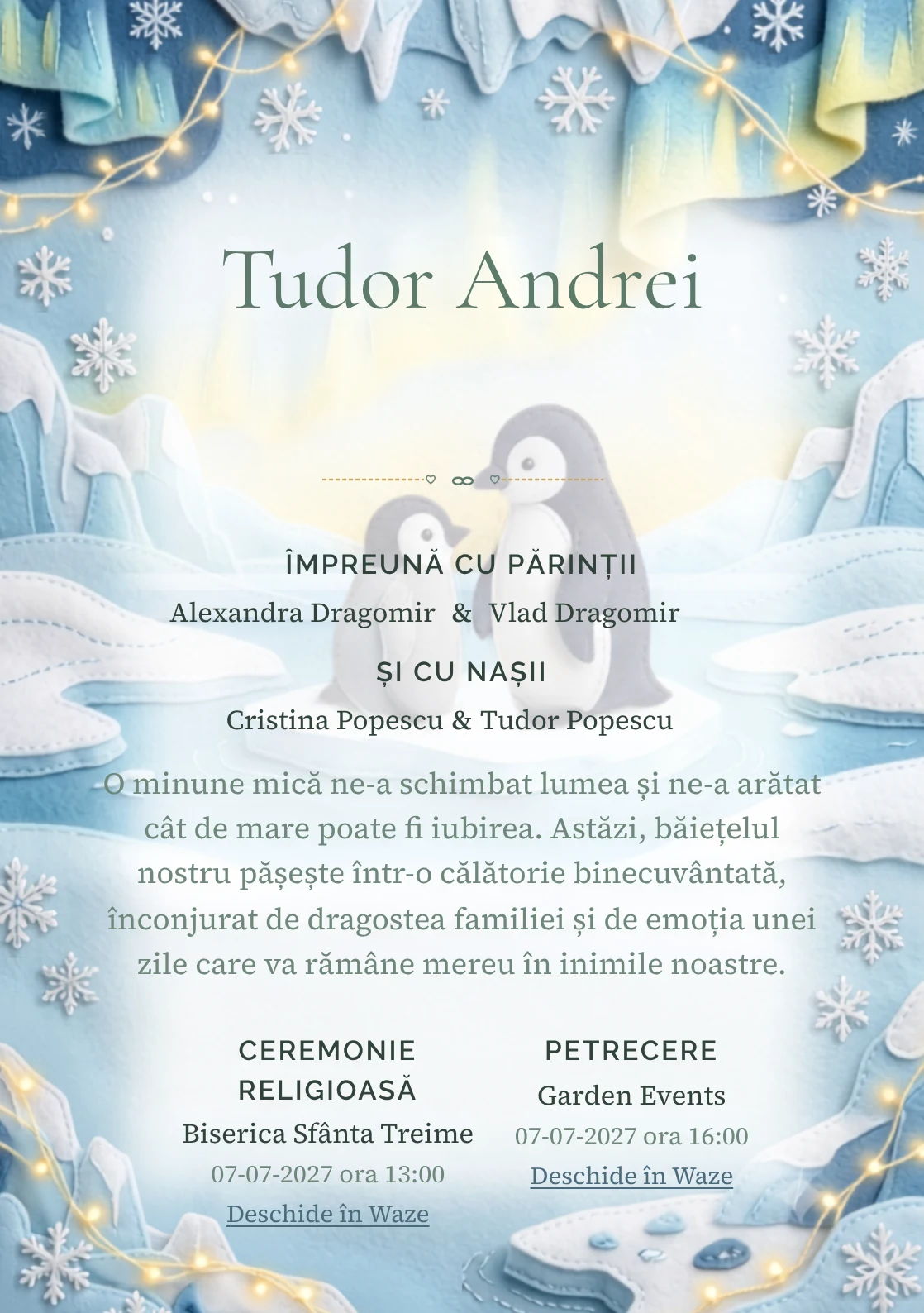 Designul Pinguinii Polari, din gama de invitații botez, reunește doi pinguini într-un peisaj polar din textile cu ghețari moi, fire de lumină și fulgi.
