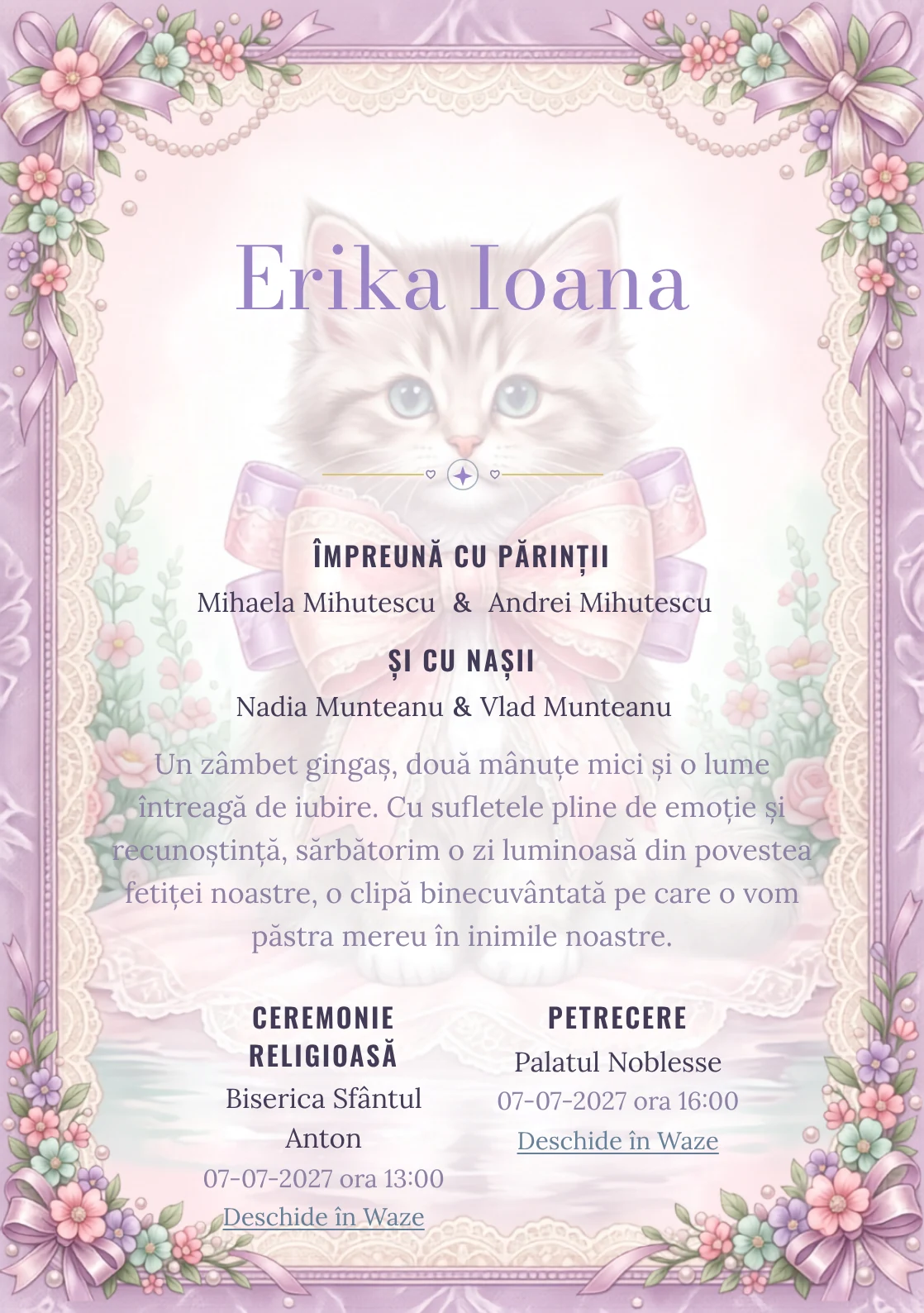Pisicuța de Dantelă, design din gama de invitații digitale botez, prezintă o pisicuță cu fundă, alături de flori miniaturale.