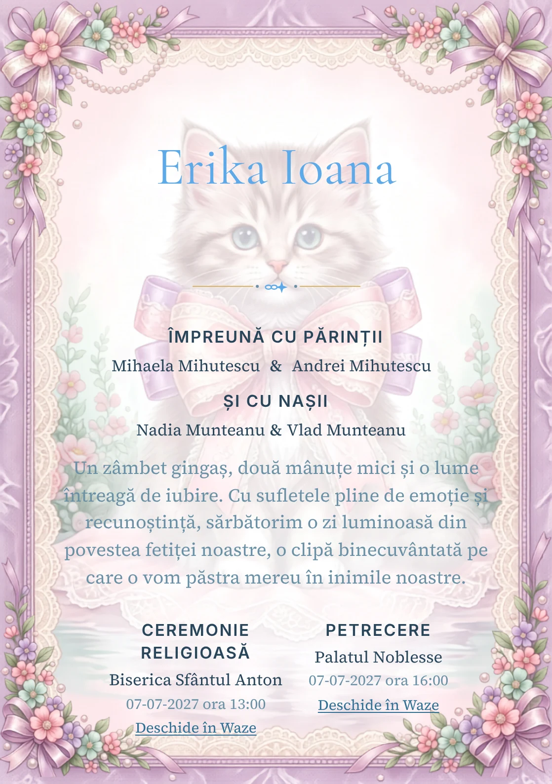 Pisicuța de Dantelă, design din gama de invitații digitale botez, prezintă o pisicuță cu fundă, alături de flori miniaturale.