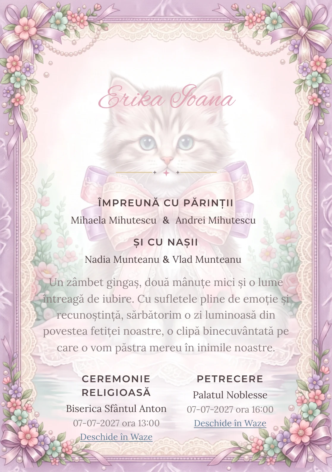 Pisicuța de Dantelă, design din gama de invitații digitale botez, prezintă o pisicuță cu fundă, alături de flori miniaturale.