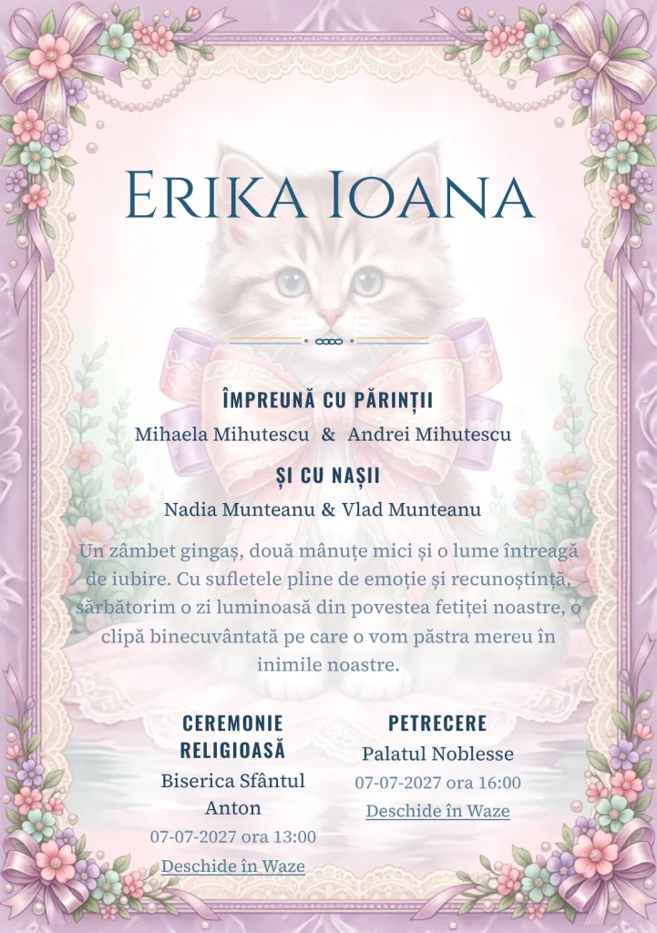 Pisicuța de Dantelă, design din gama de invitații digitale botez, prezintă o pisicuță cu fundă, alături de flori miniaturale.