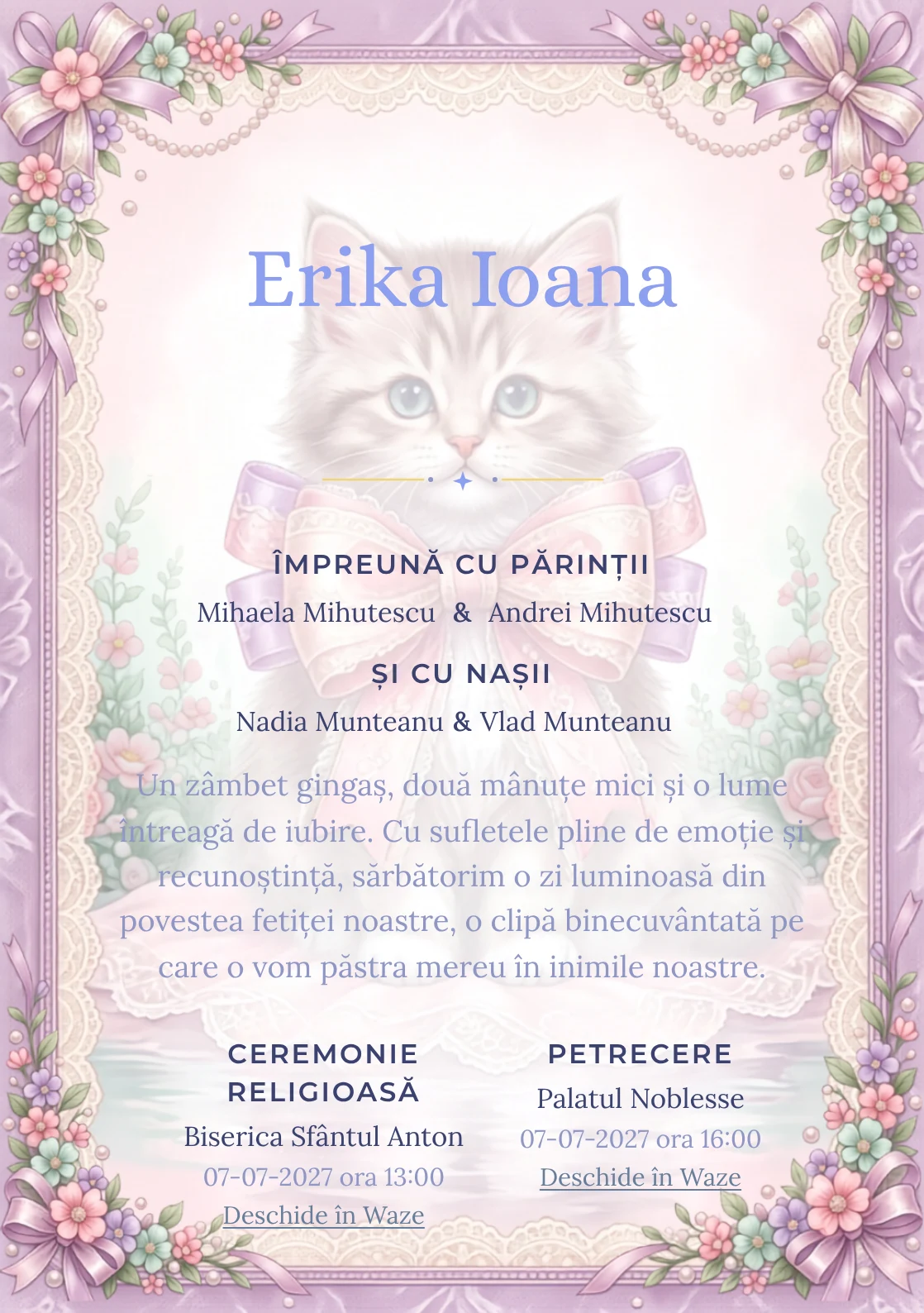 Pisicuța de Dantelă, design din gama de invitații digitale botez, prezintă o pisicuță cu fundă, alături de flori miniaturale.