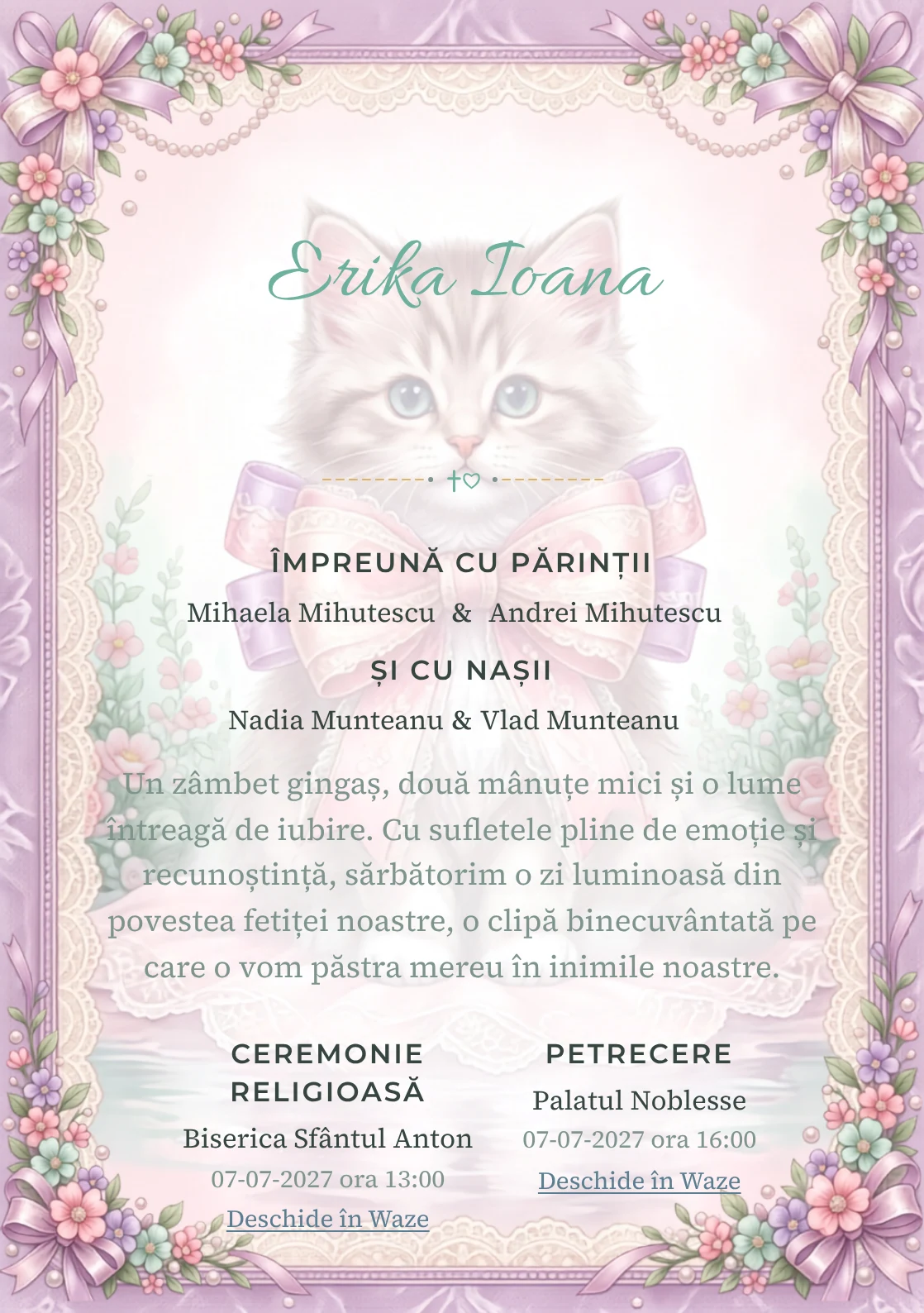 Pisicuța de Dantelă, design din gama de invitații digitale botez, prezintă o pisicuță cu fundă, alături de flori miniaturale.
