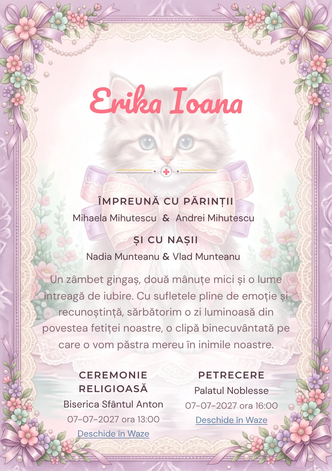 Pisicuța de Dantelă, design din gama de invitații digitale botez, prezintă o pisicuță cu fundă, alături de flori miniaturale.