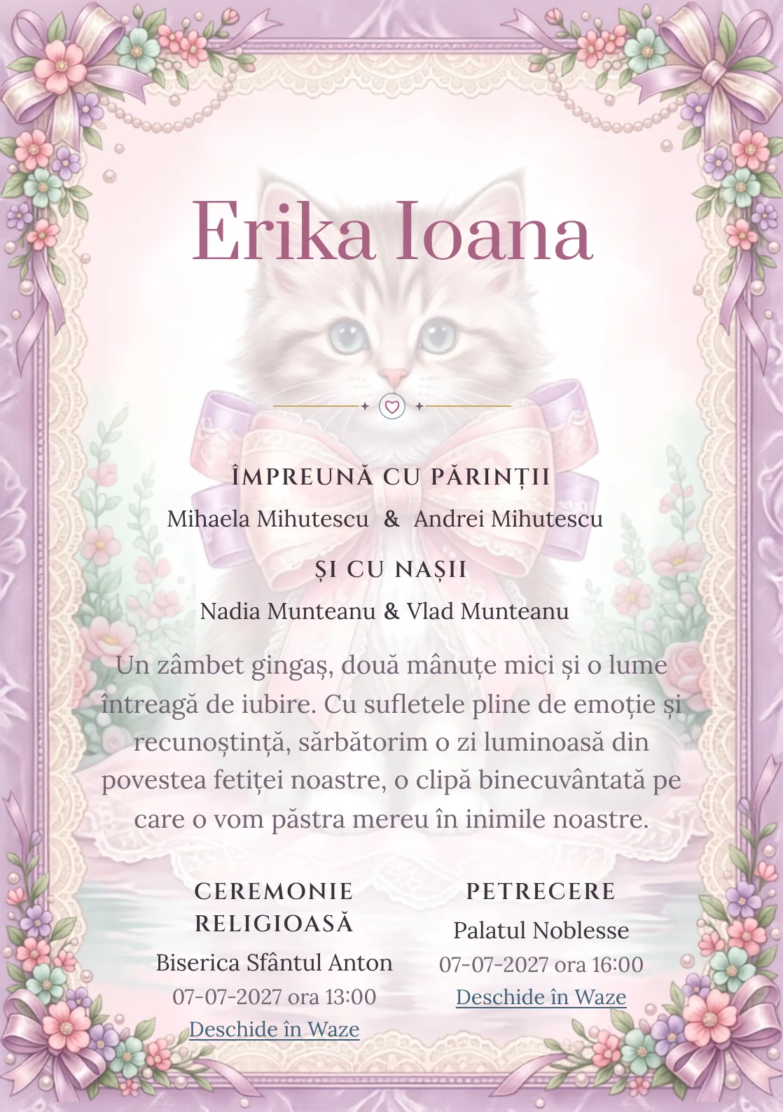 Pisicuța de Dantelă, design din gama de invitații digitale botez, prezintă o pisicuță cu fundă, alături de flori miniaturale.