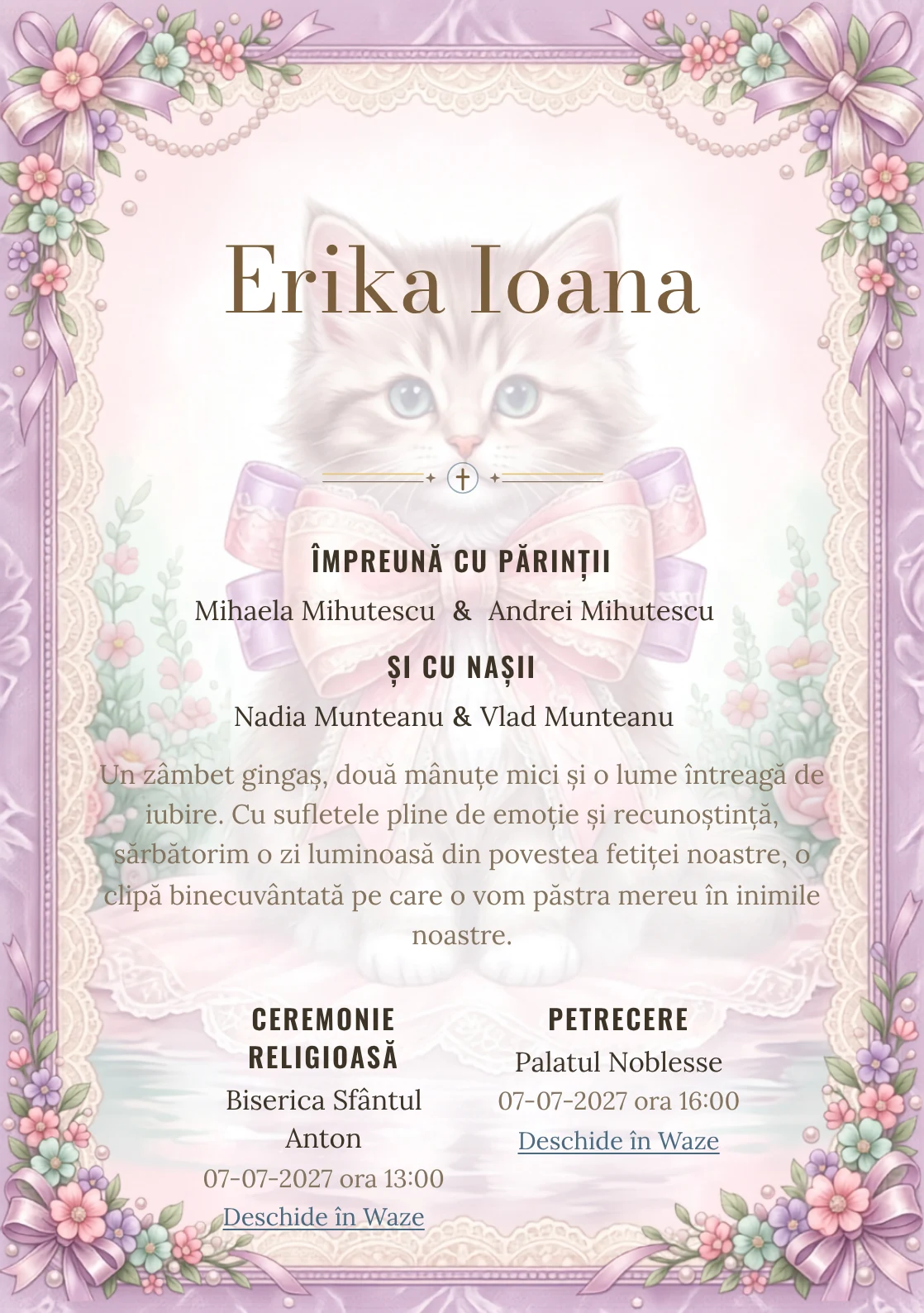Pisicuța de Dantelă, design din gama de invitații digitale botez, prezintă o pisicuță cu fundă, alături de flori miniaturale.