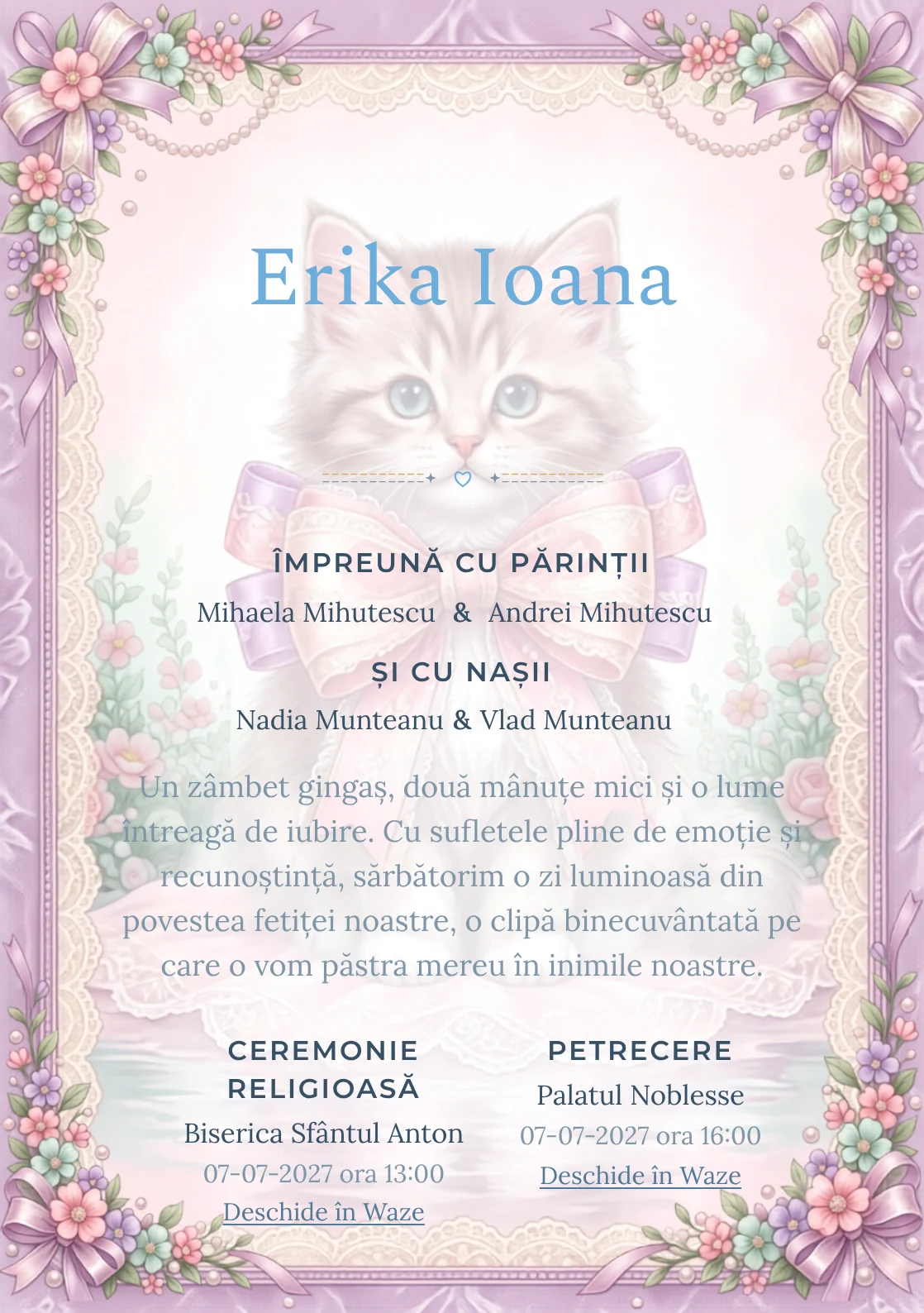 Pisicuța de Dantelă, design din gama de invitații digitale botez, prezintă o pisicuță cu fundă, alături de flori miniaturale.