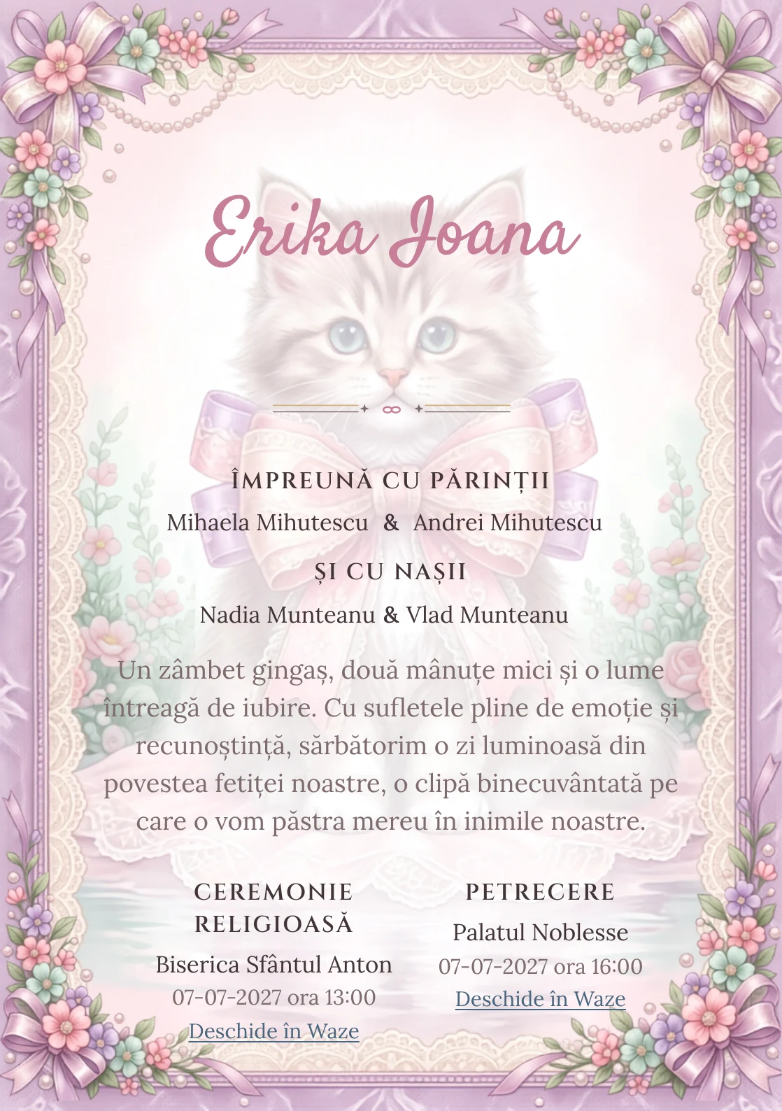 Pisicuța de Dantelă, design din gama de invitații digitale botez, prezintă o pisicuță cu fundă, alături de flori miniaturale.