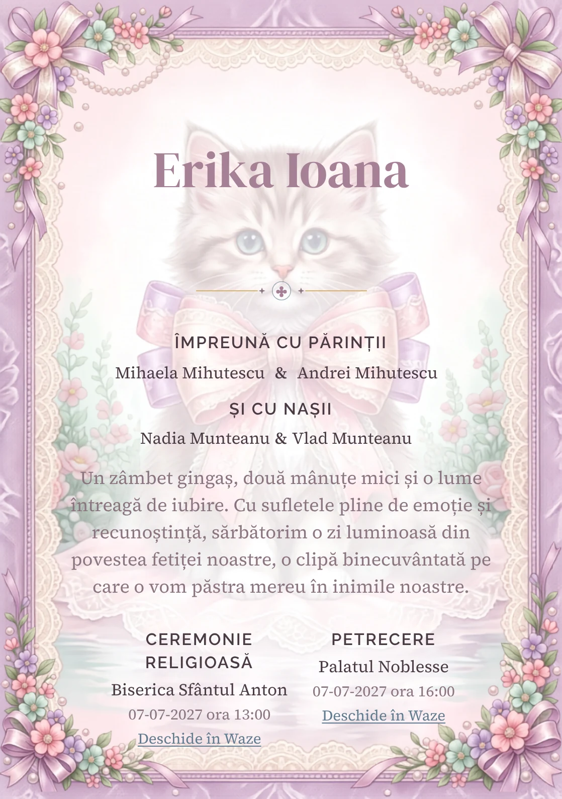 Pisicuța de Dantelă, design din gama de invitații digitale botez, prezintă o pisicuță cu fundă, alături de flori miniaturale.