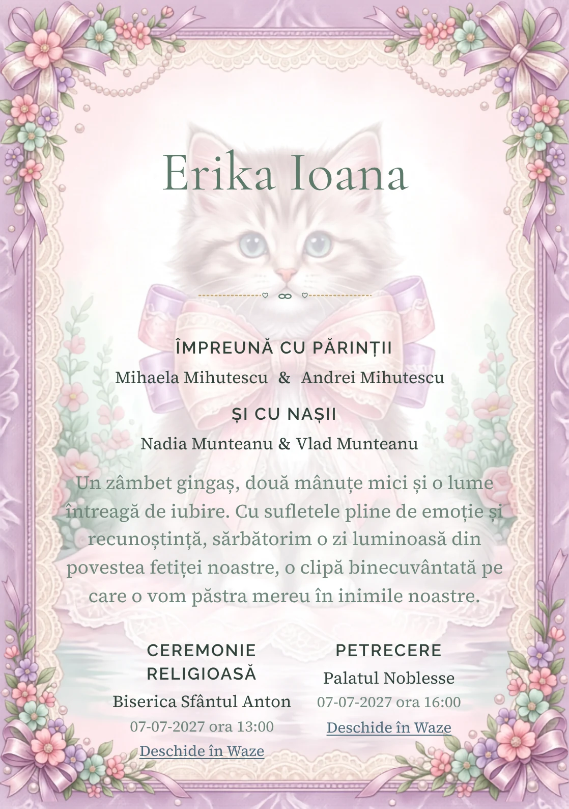 Pisicuța de Dantelă, design din gama de invitații digitale botez, prezintă o pisicuță cu fundă, alături de flori miniaturale.