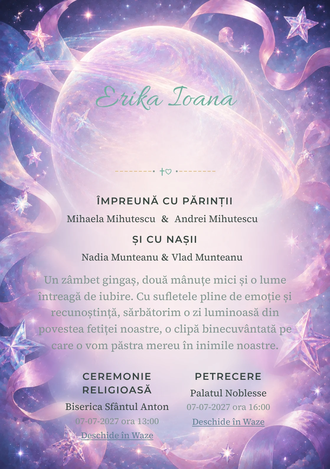 Imaginea Planeta cu Panglici, din gama de invitații botez, pune în valoare o planetă mare irizată înconjurată de panglici, cu stele sidefate și halouri moi.