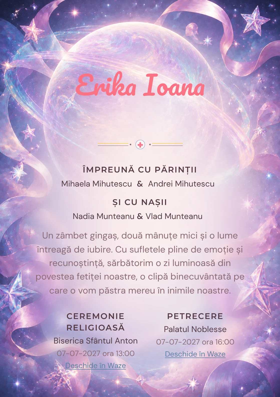 Imaginea Planeta cu Panglici, din gama de invitații botez, pune în valoare o planetă mare irizată înconjurată de panglici, cu stele sidefate și halouri moi.