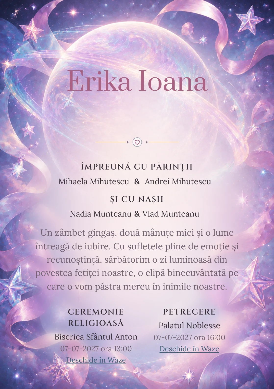 Imaginea Planeta cu Panglici, din gama de invitații botez, pune în valoare o planetă mare irizată înconjurată de panglici, cu stele sidefate și halouri moi.