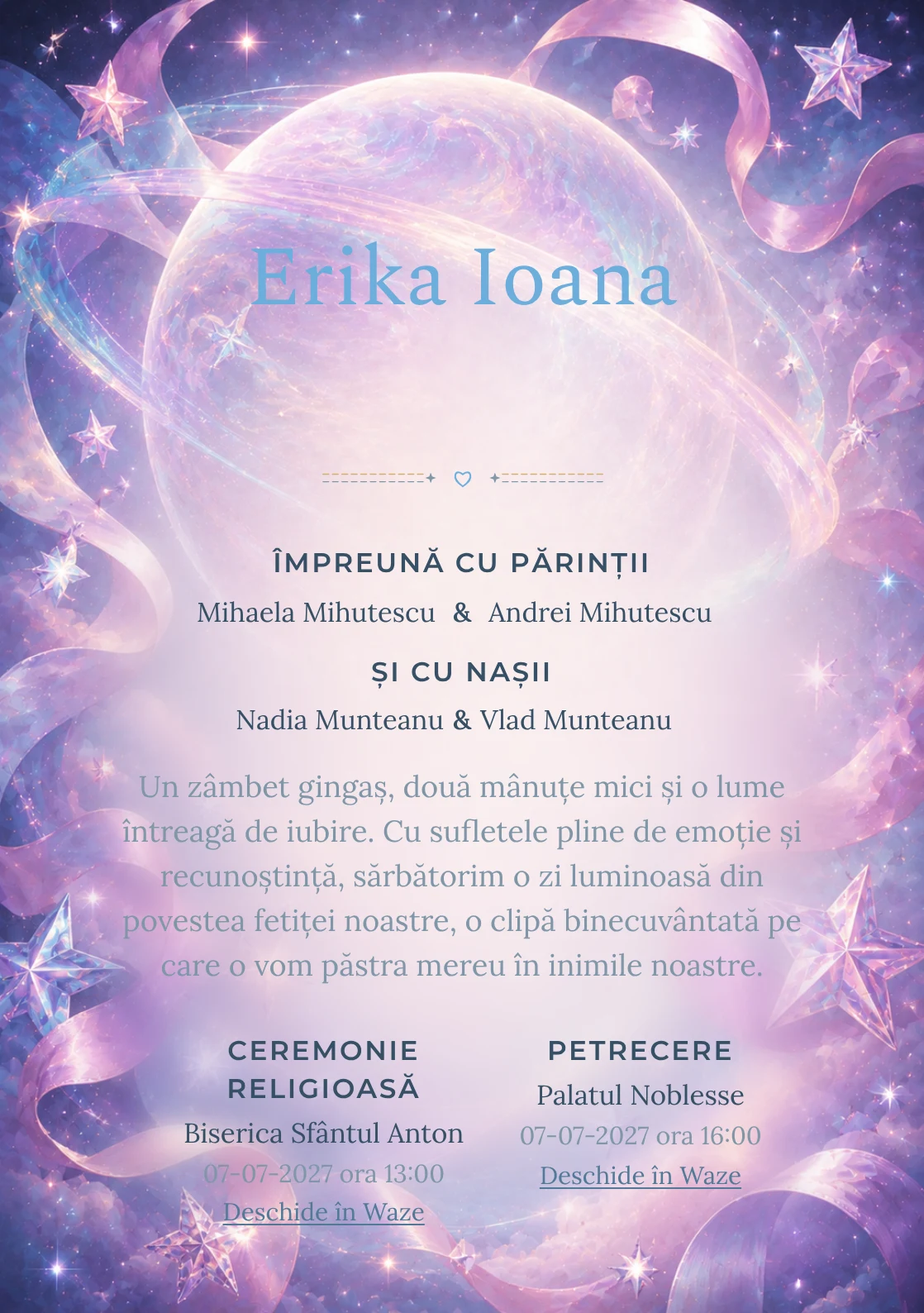 Imaginea Planeta cu Panglici, din gama de invitații botez, pune în valoare o planetă mare irizată înconjurată de panglici, cu stele sidefate și halouri moi.