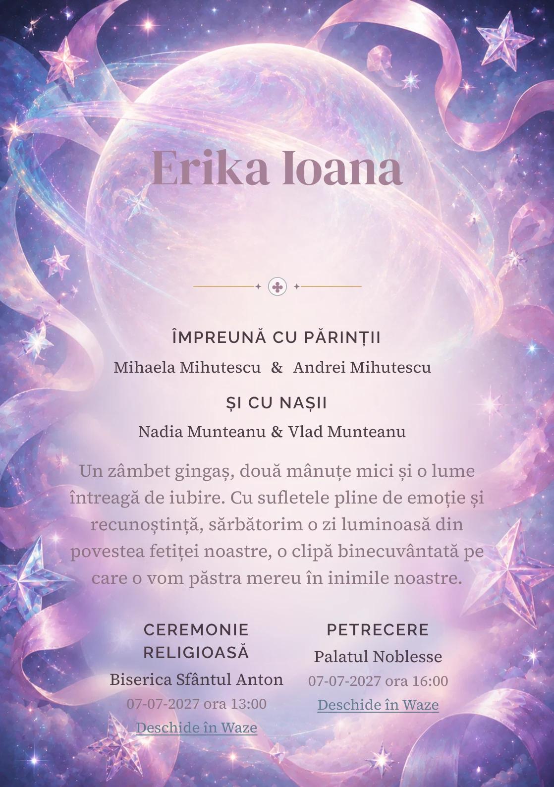 Imaginea Planeta cu Panglici, din gama de invitații botez, pune în valoare o planetă mare irizată înconjurată de panglici, cu stele sidefate și halouri moi.