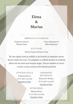 Fundalul Planuri Senine, pentru invitații de nuntă, se remarcă prin planuri tonale asimetrice și accente de alb mat, verde fistic cenușiu și maro cacao deschis.
