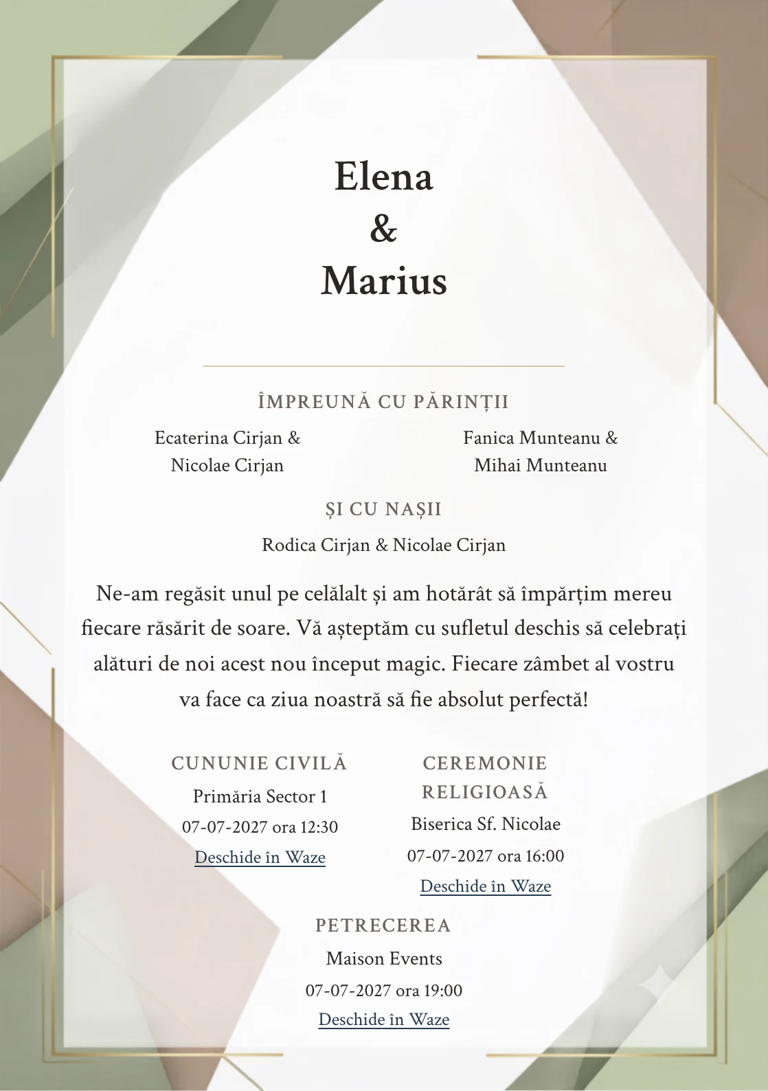 Fundalul Planuri Senine, pentru invitații de nuntă, se remarcă prin planuri tonale asimetrice și accente de alb mat, verde fistic cenușiu și maro cacao deschis.