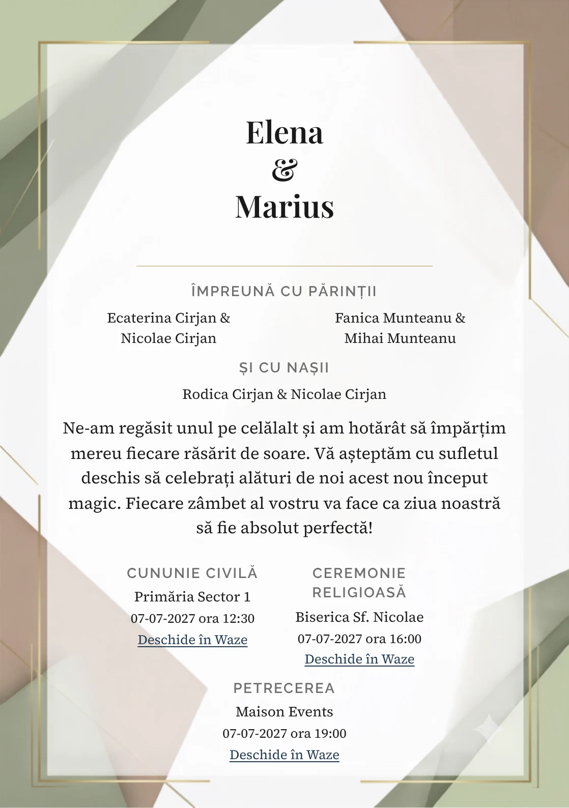 Fundalul Planuri Senine, pentru invitații de nuntă, se remarcă prin planuri tonale asimetrice și accente de alb mat, verde fistic cenușiu și maro cacao deschis.