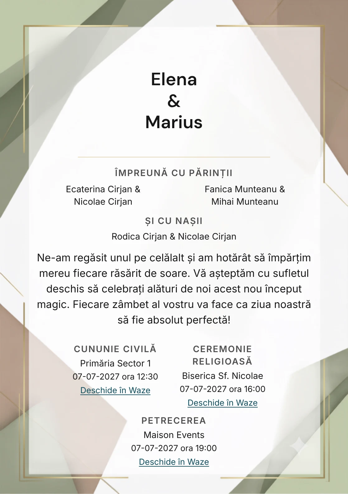 Fundalul Planuri Senine, pentru invitații de nuntă, se remarcă prin planuri tonale asimetrice și accente de alb mat, verde fistic cenușiu și maro cacao deschis.